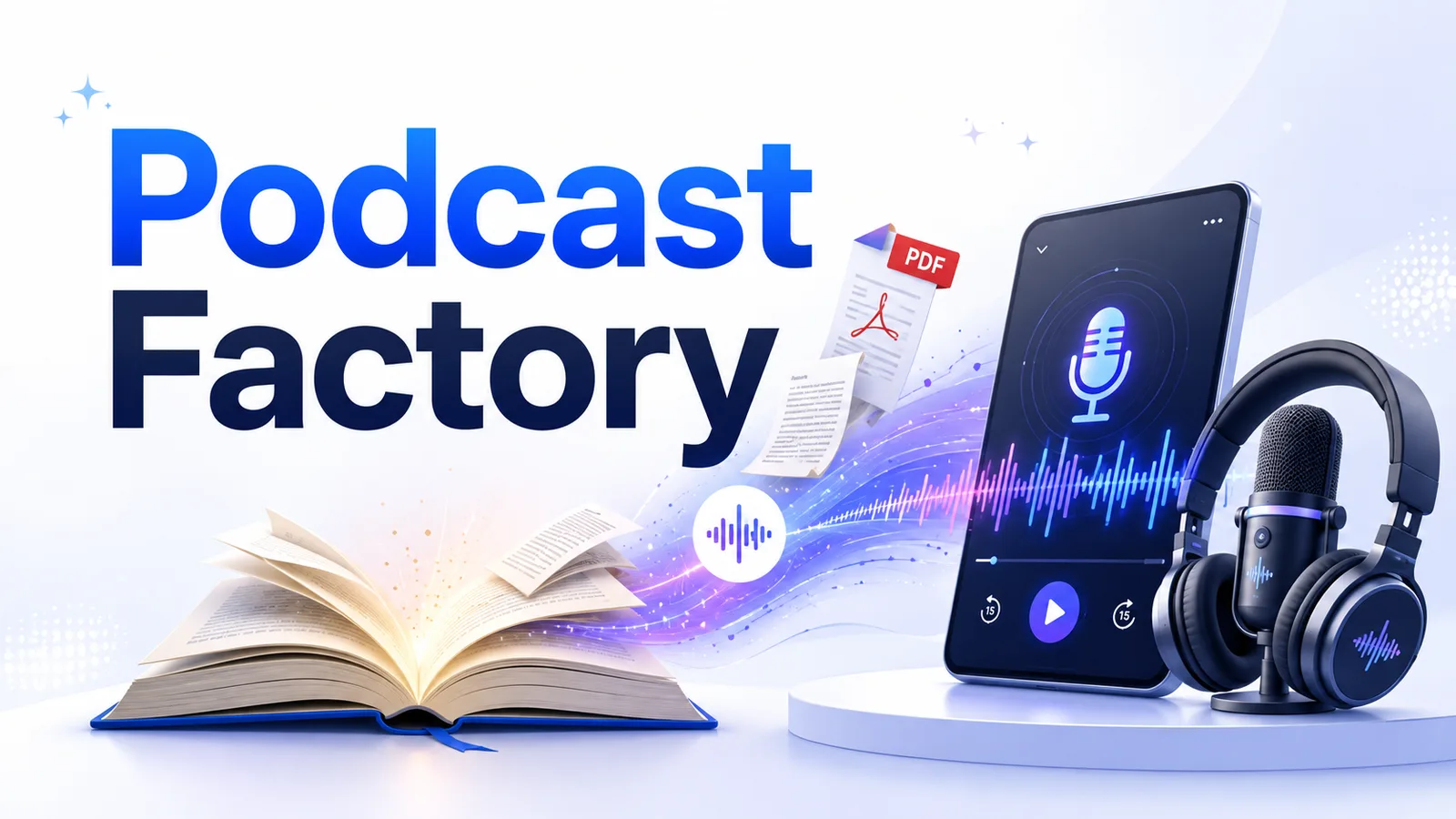 Podcast Factory — an open book beside headphones, a microphone and a phone playing an episode